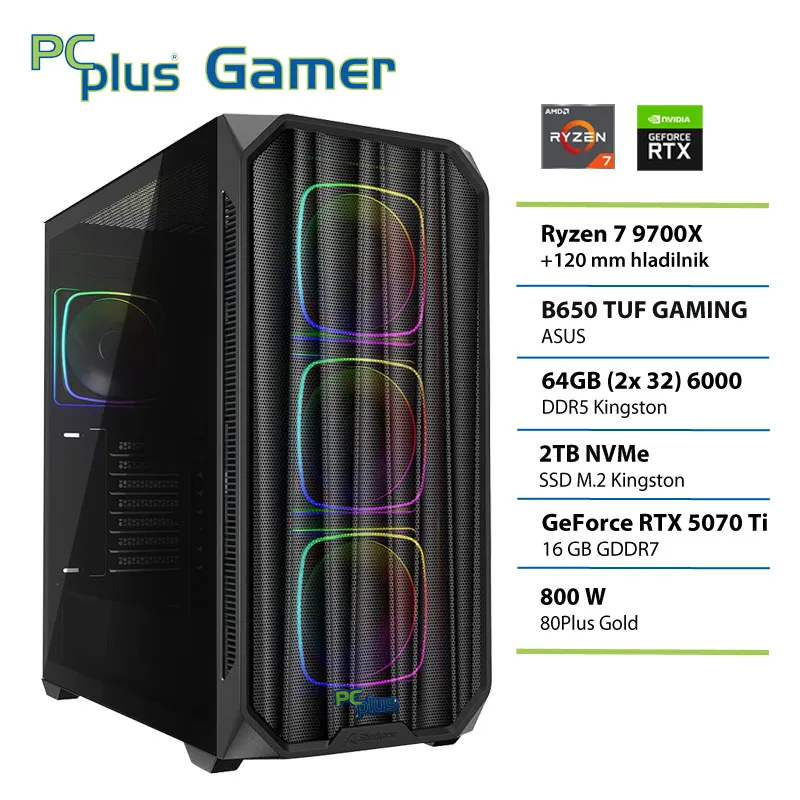 PCPLUS Gamer Ryzen 7 9700X 64GB 2TB SSD RTX 5070Ti 16GB gaming namizni računalnik