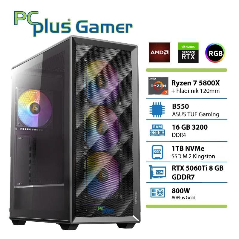 PCPLUS Gamer Ryzen 7 5800X 16GB 1TB SSD RTX 5060Ti 8GB gaming namizni računalnik