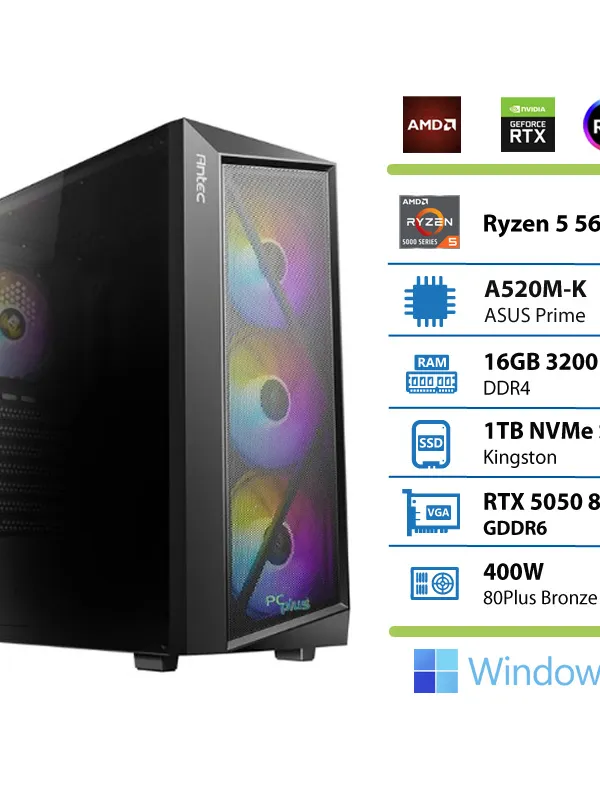 PCPLUS Gamer Ryzen 5 5600X 16GB 1TB RTX 5050 OC 8GB Windows 11 Home gaming namizni računalnik