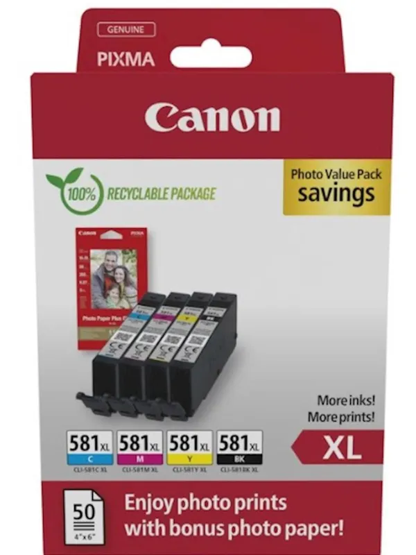 KOMPLET CANON CLI-581 CYAN XL, MAGENTA XL, RUMENA XL, ČRNA XL IN FOTO PAPIR PP-201 za TS705/6350/835