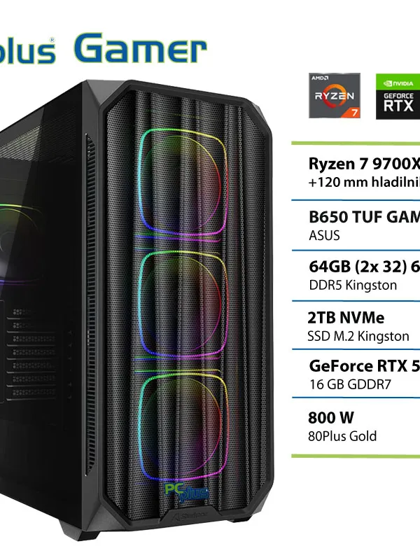 PCPLUS Gamer Ryzen 7 9700X 64GB 2TB SSD RTX 5070Ti 16GB gaming namizni računalnik