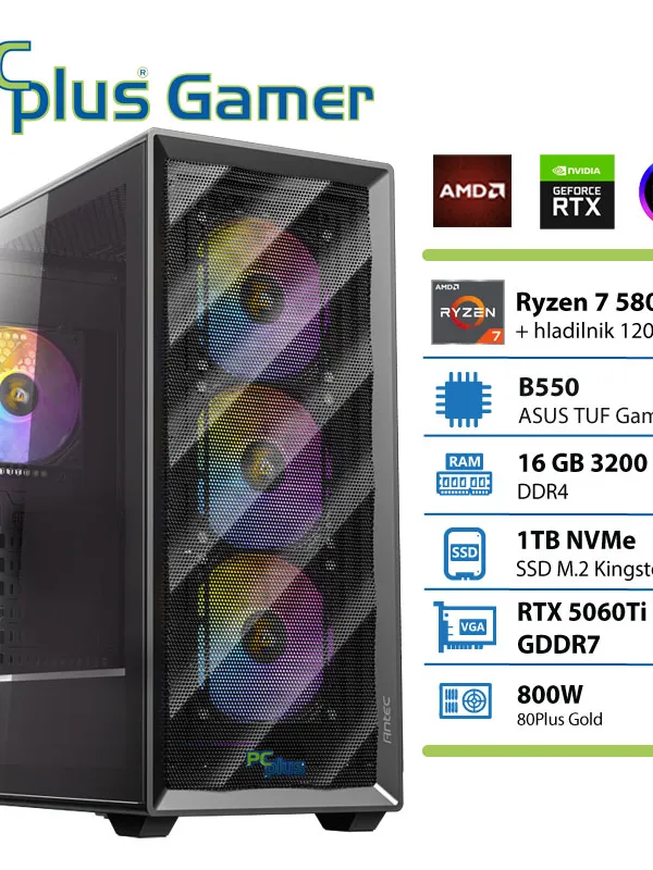 PCPLUS Gamer Ryzen 7 5800X 16GB 1TB SSD RTX 5060Ti 8GB gaming namizni računalnik