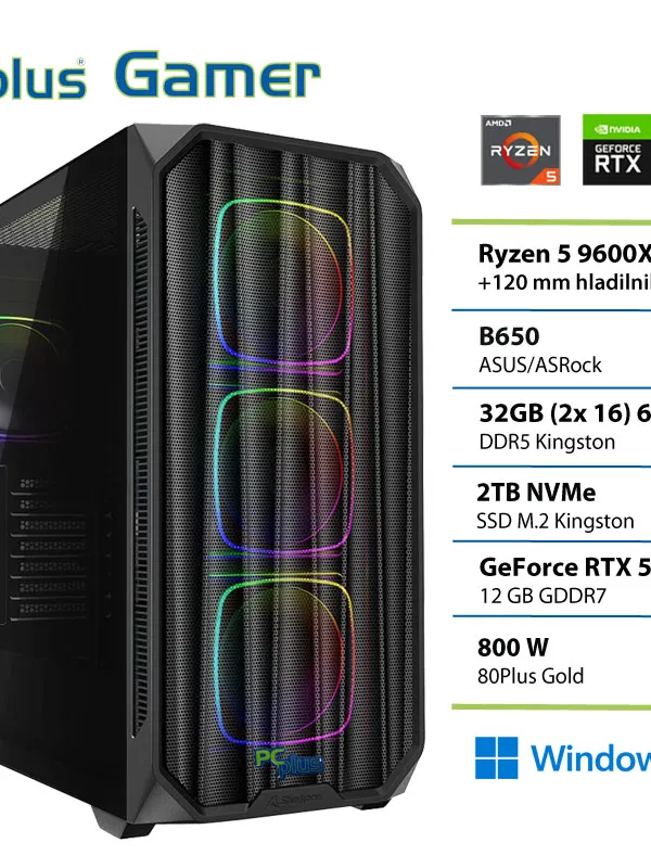 PCPLUS Gamer Ryzen 5 9600X 32GB 2TB SSD RTX 5070 12GB Windows 11 Home gaming namizni računalnik