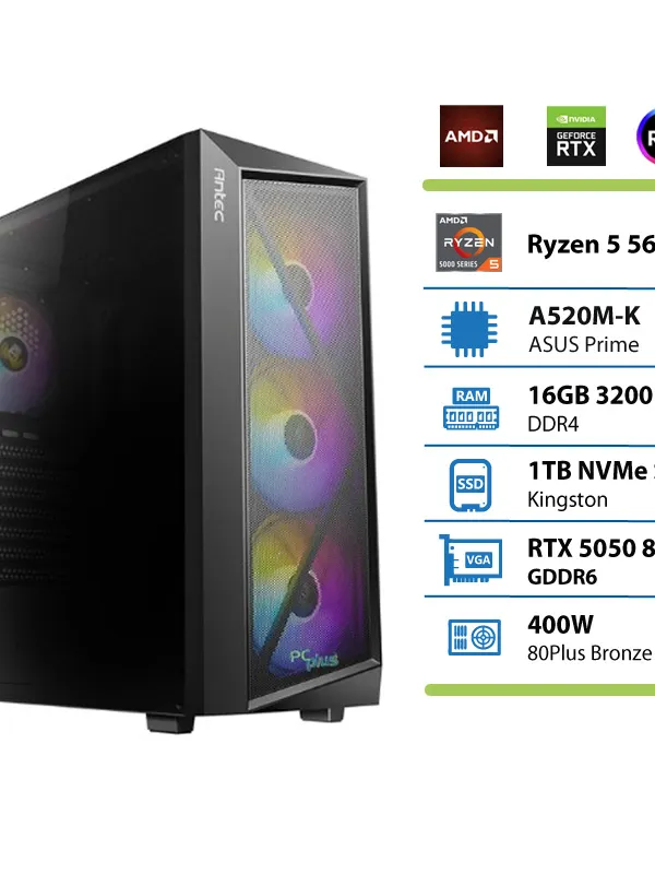 PCPLUS Gamer Ryzen 5 5600X 16GB 1TB RTX 5050 OC 8GB gaming namizni računalnik