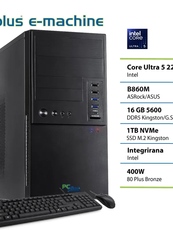 PCPLUS e-machine Core Ultra 5 225 16GB 1TB SSD tipkovnica miška namizni računalnik