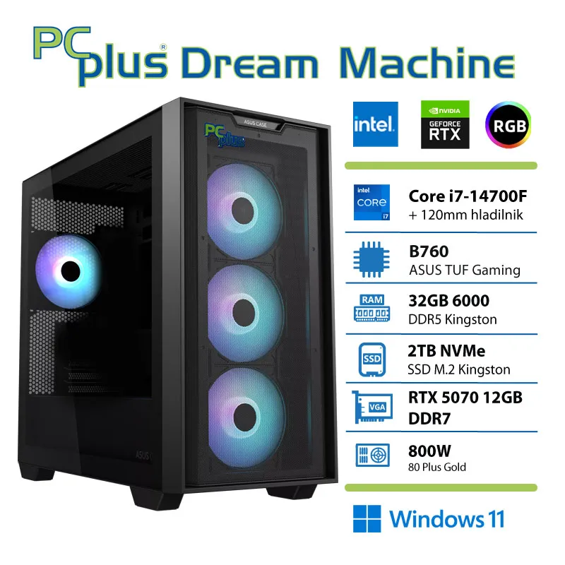 PCPLUS Dream Machine Core i7 14700F 32GB 2TB SSD RTX 5070 12GB Windows 11 Home gaming namizni računalnik