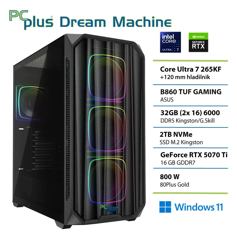 PCPLUS Dream Machine Ultra 7 265KF 32GB 2TB SSD RTX 5070Ti 16GB Windows 11 Home gaming namizni računalnik
