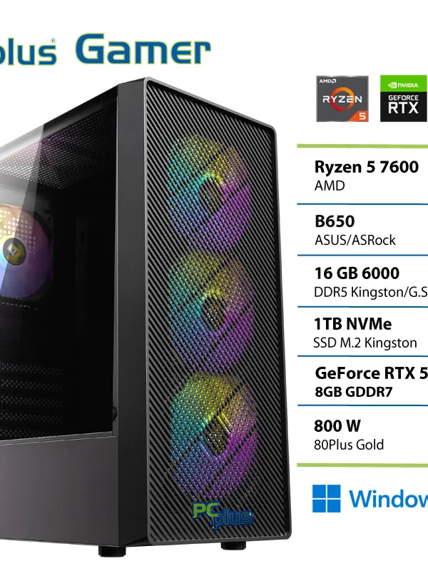 PCPLUS Gamer Ryzen 5 7600 16GB 1TB SSD RTX 5060 8GB Windows 11 Home gaming namizni računalnik