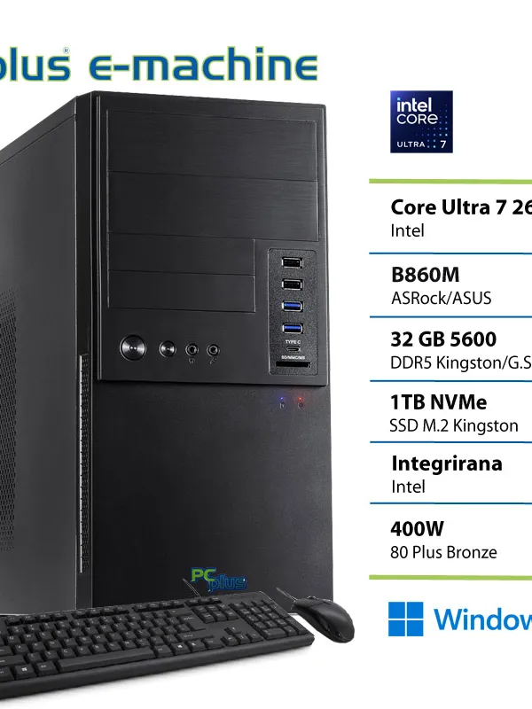 PCPLUS e-machine Core Ultra 7 265K 32GB 1TB SSD Windows 11 Pro tipkovnica miška namizni računalnik