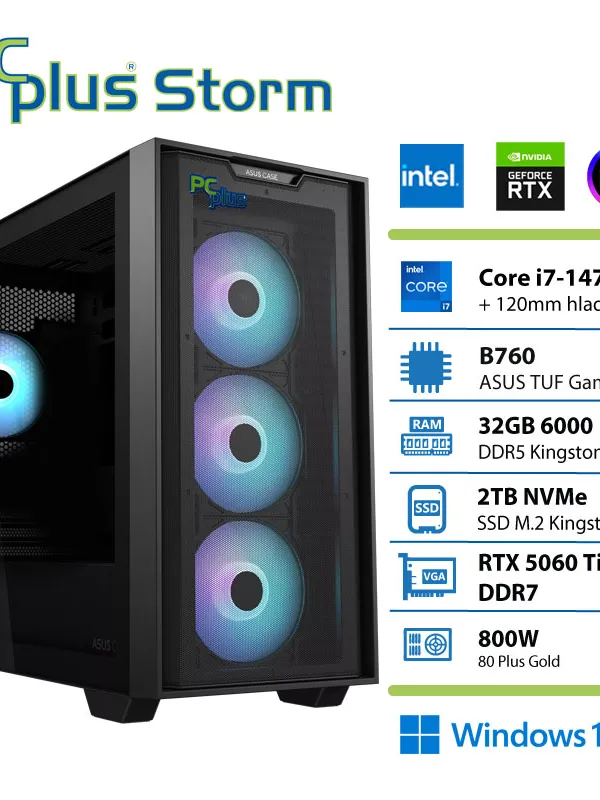 PCPLUS Storm Core i7 14700F 32GB 2TB SSD RTX 5060Ti 8GB Windows 11 Home gaming namizni računalnik
