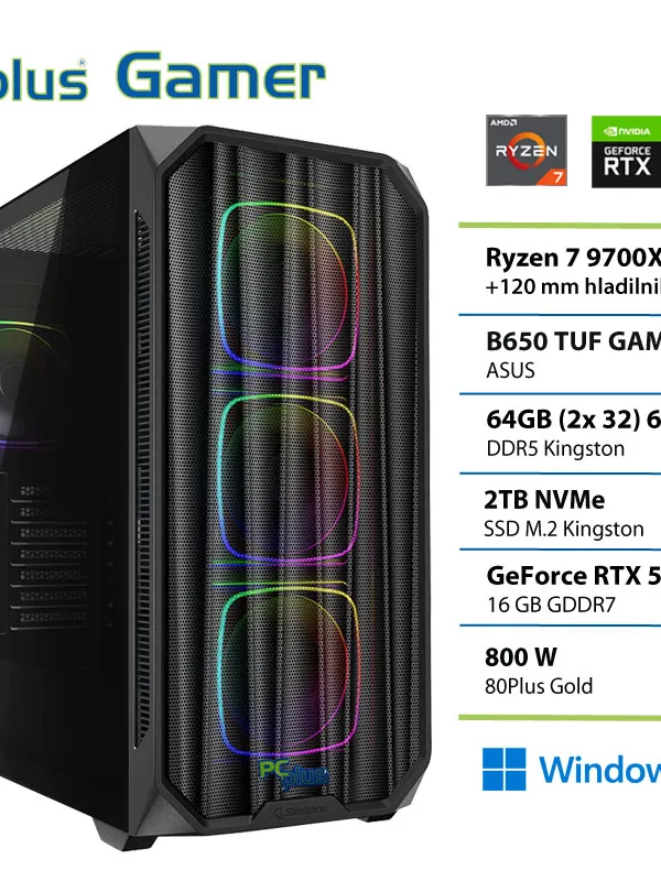 PCPLUS Gamer Ryzen 7 9700X 64GB 2TB SSD RTX 5070Ti 16GB Windows 11 Home gaming namizni računalnik