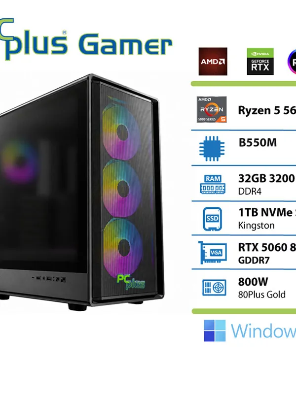 PCPLUS Gamer Ryzen 5 5600X 32GB 1TB RTX 5060 OC 8GB Windows 11 Home gaming namizni računalnik